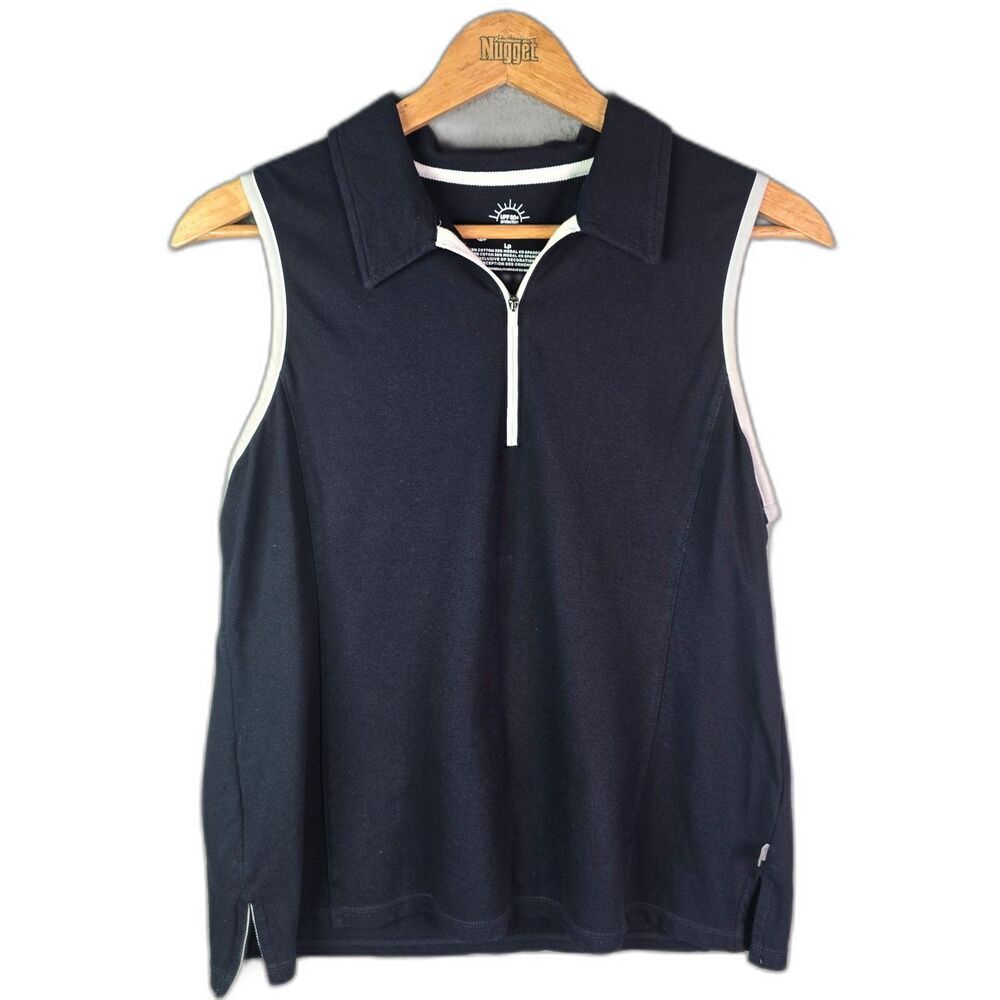 T by Talbots Sleeveless Polo Top Navy Lp UPF 50 Quarter Zip Sporty Golf